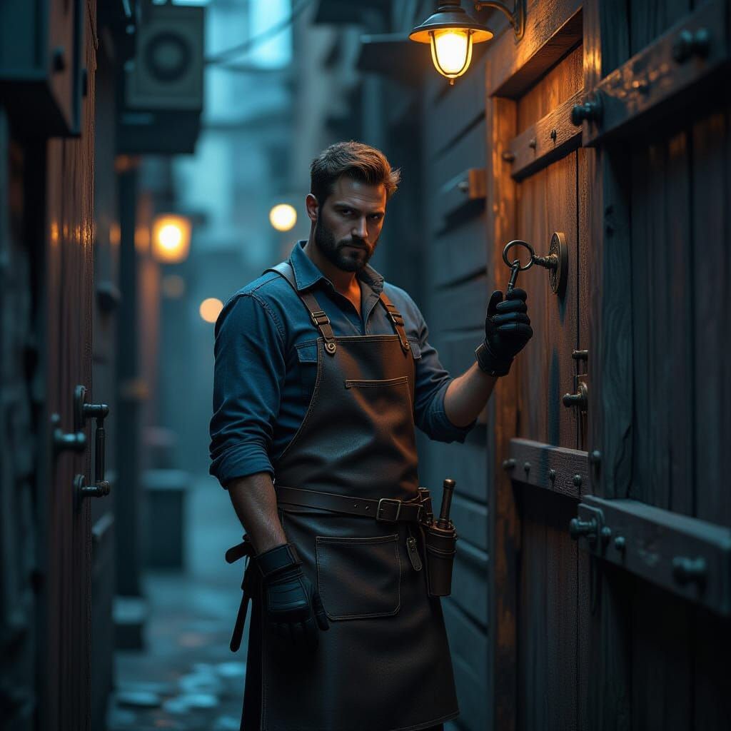 Cyberpunk Locksmith in Dimly Lit Alleyway