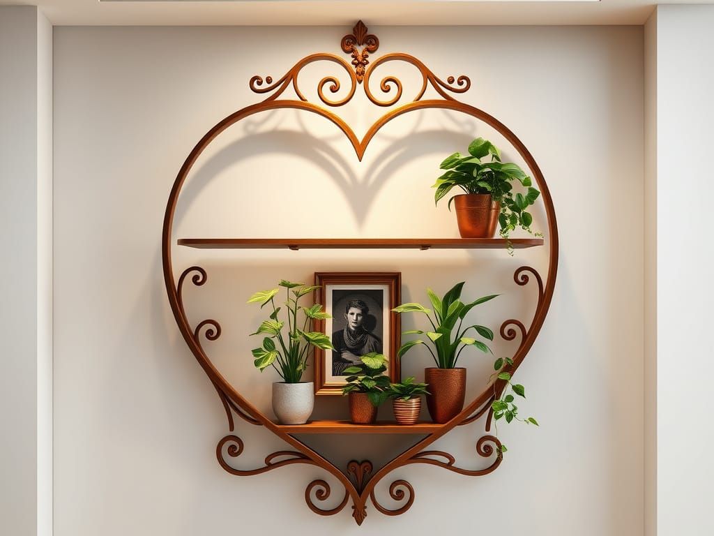Elegant Art Nouveau Heart-Shaped Shelf with Lush Greenery an...