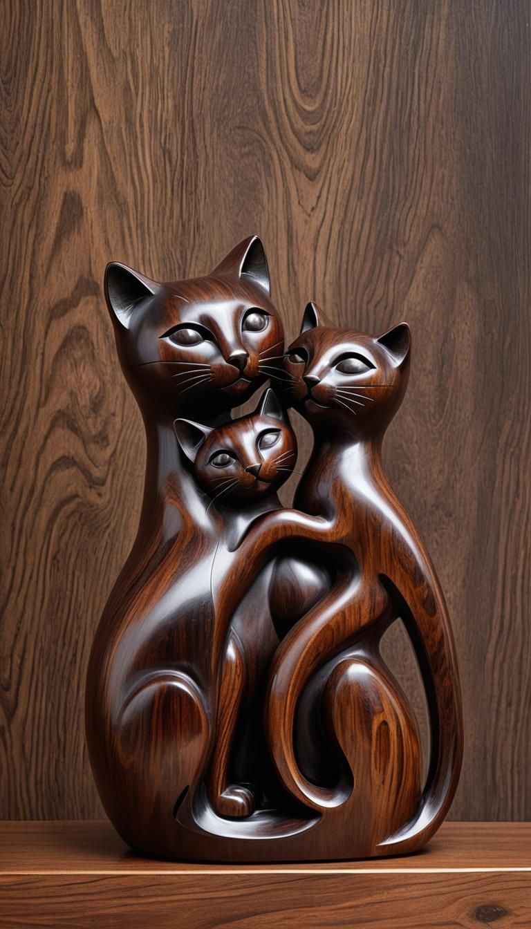Abstract Sculpture of Mother Cat and Kittens