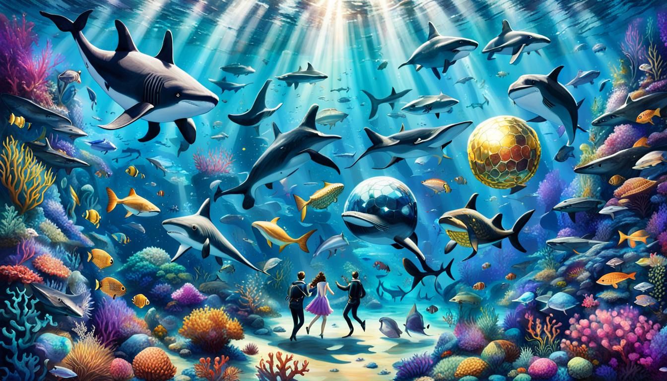 An underwater disco dance party with a floating disco ball, ...