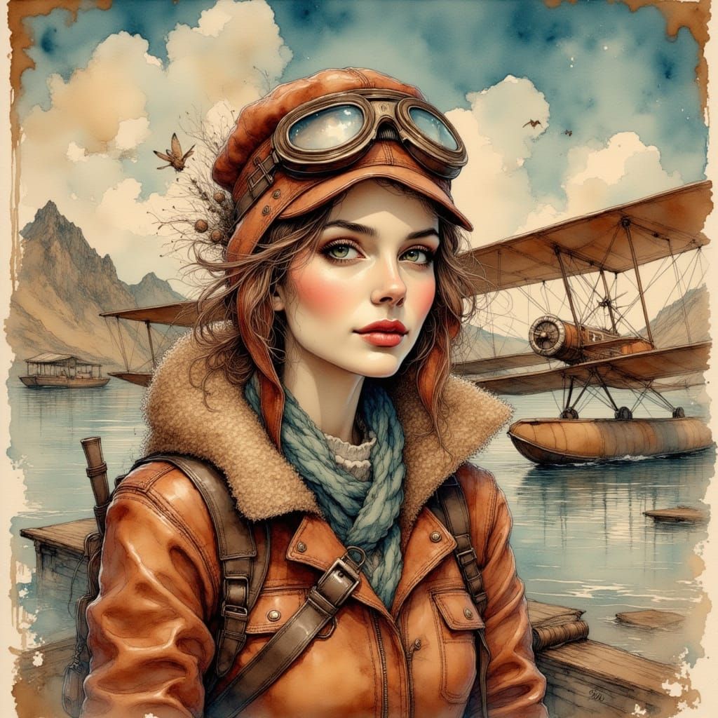 Katherine Stinson Biplane Poster Art in Miyazaki Style
