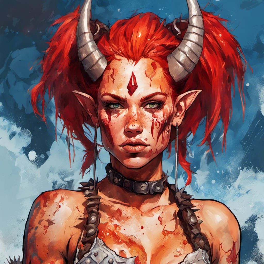 Tiefling Barbarian Demi-God in Comic Book Style