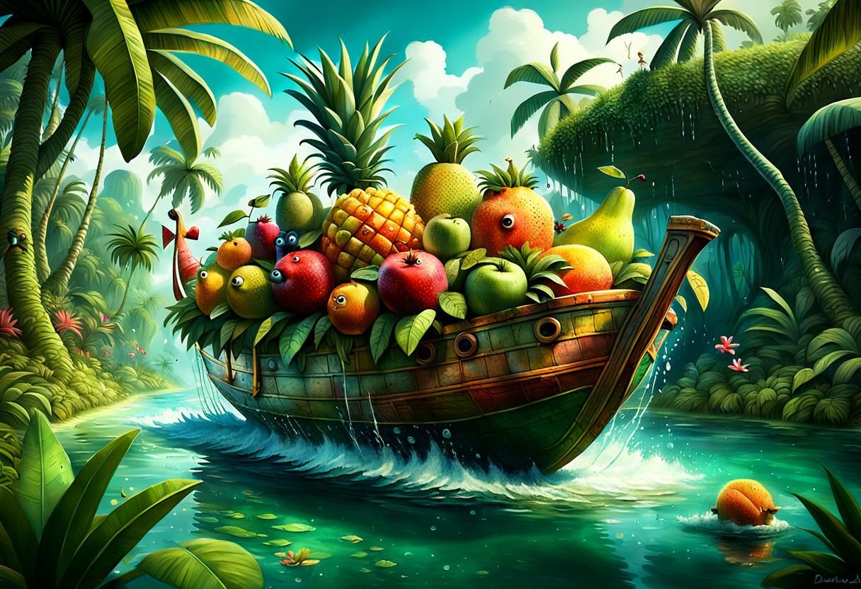 Wonky Fruit Boat in Tropical Lagoon
