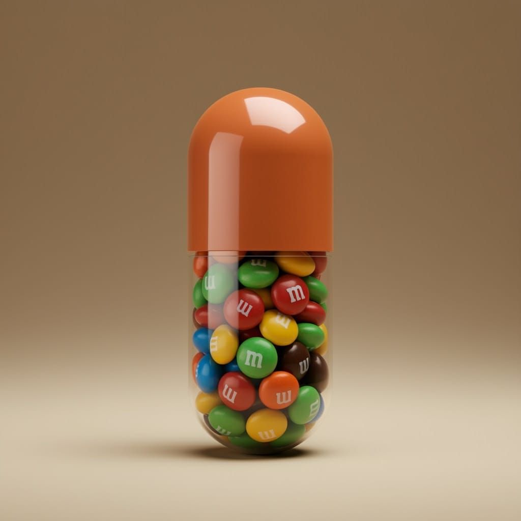 A realistic 3D render of a capsule-shaped container filled M...