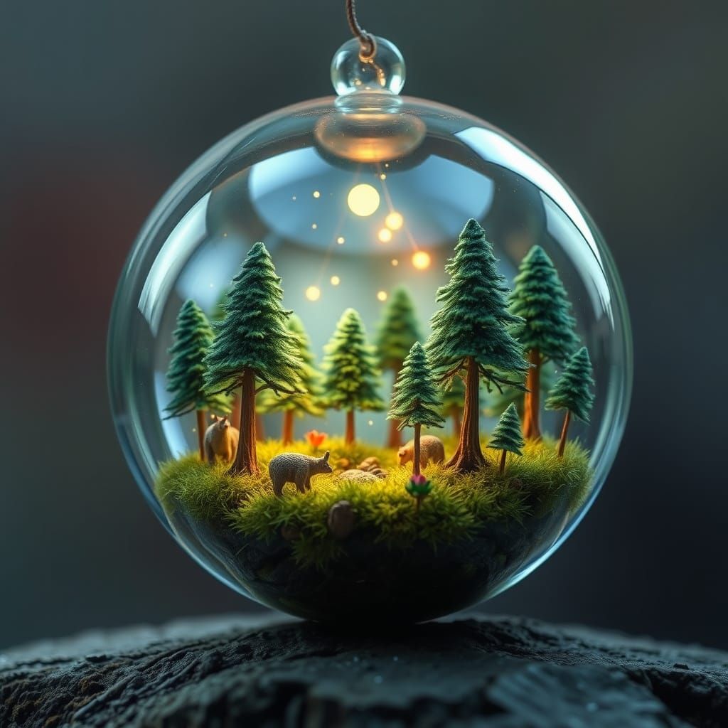 Glass Orb World with Lush Forest and Fireflies