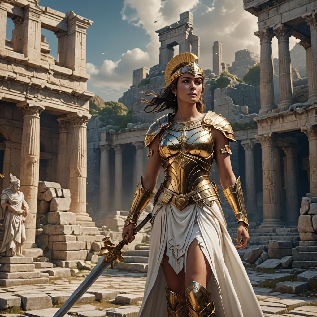 Athena in Gold Armor, Detailed Matte Painting