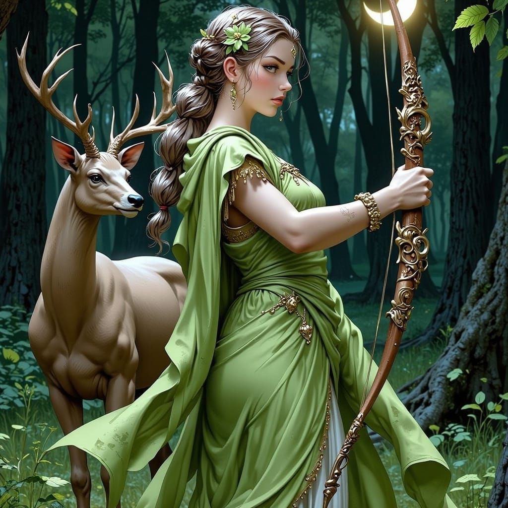 Goddess Artemis Hunts Under Crescent Moonlight in Ethereal L...