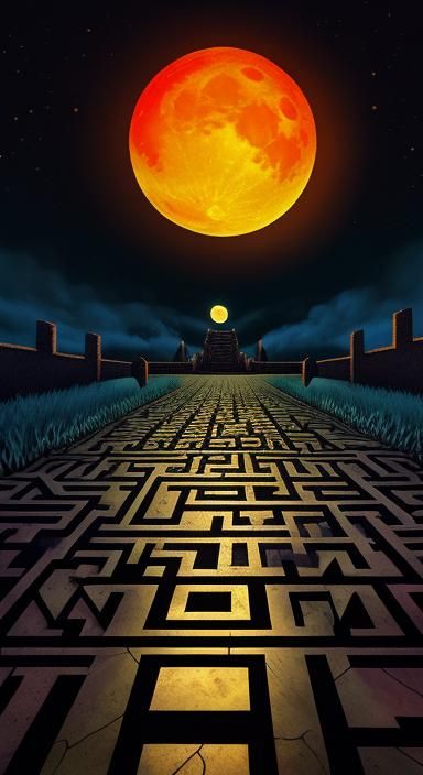 Fiery Moon Over Dark Ethereal Maze