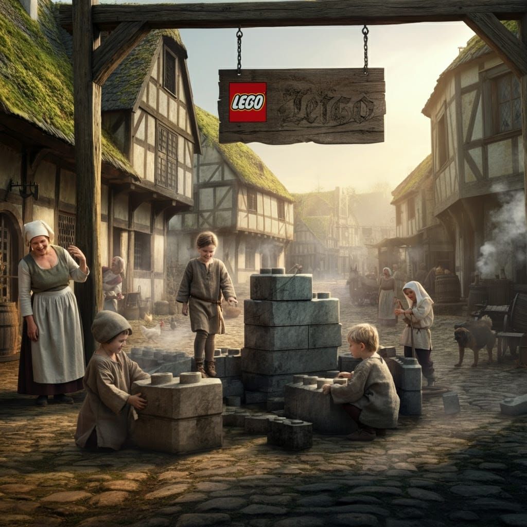 Medieval Children Play with Stone LEGOs in Digital Art