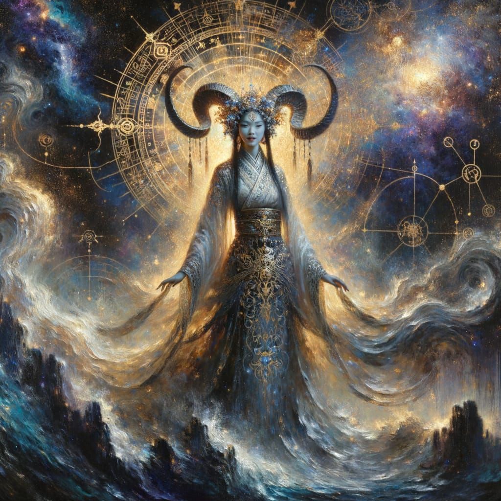 Radiant Horned Goddess in Celestial Oil Painting