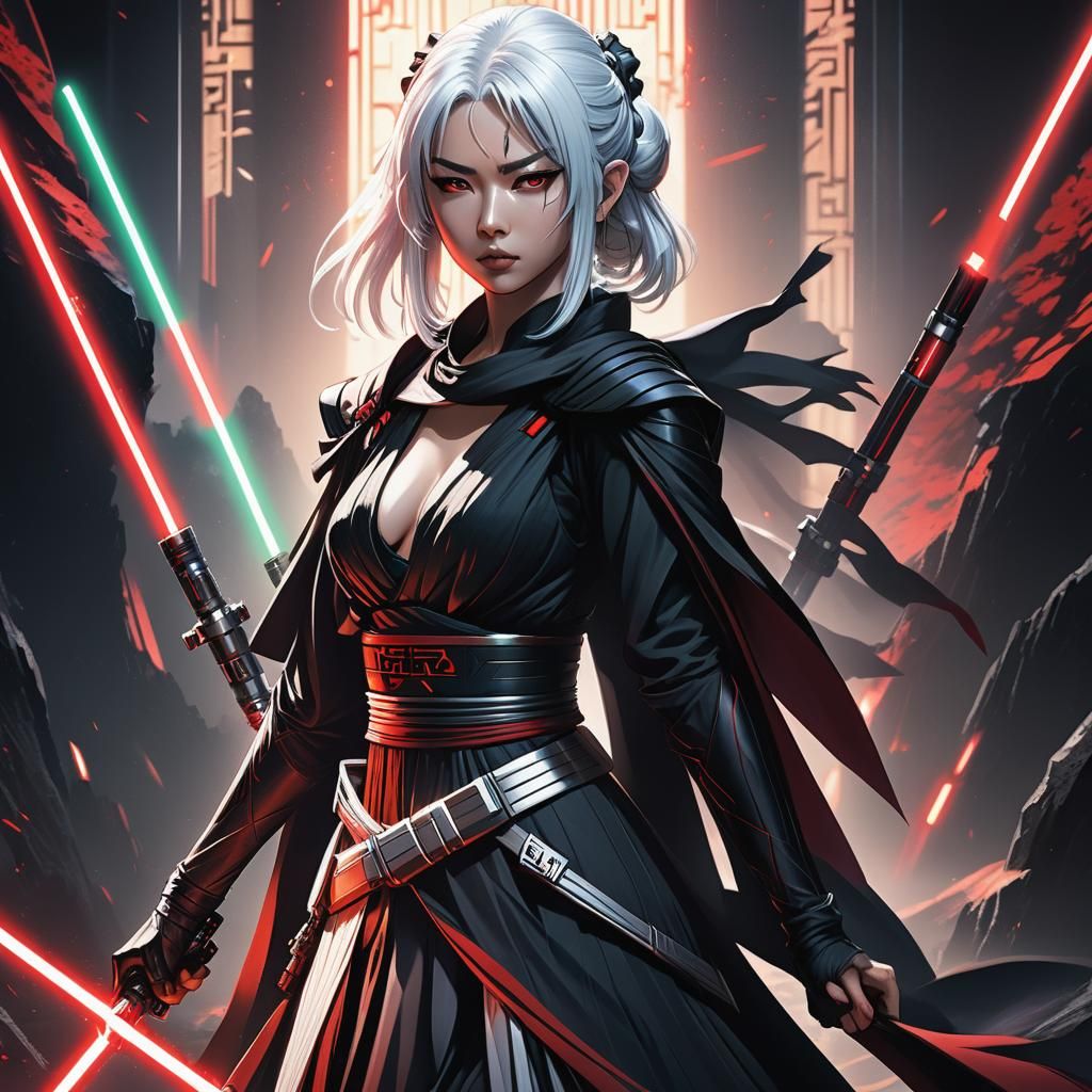 Anime Sith Lord with Lightsaber in Cel-Shaded Style