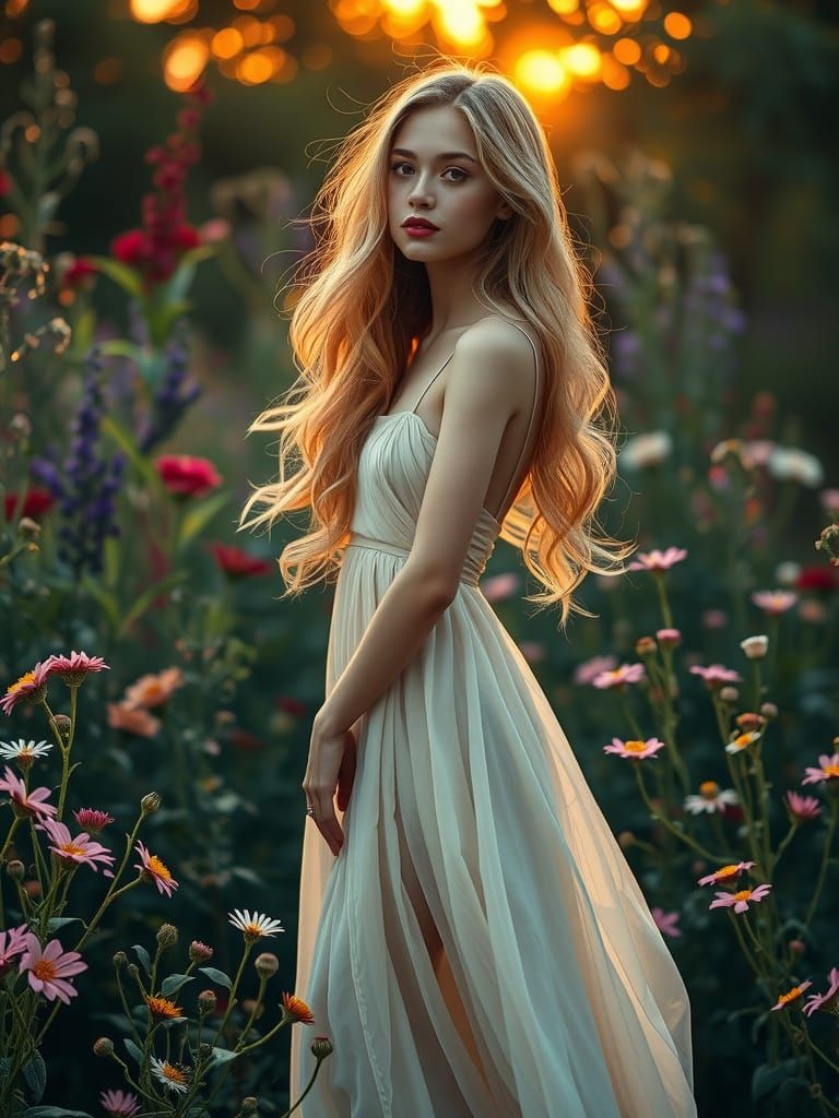 A portrait of a young woman with long, flowing blond hair, wearing a transparent dress, standing in a blooming garden at...