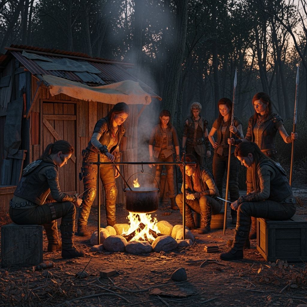 Post-Apocalyptic Tribe Gathering Around Campfire