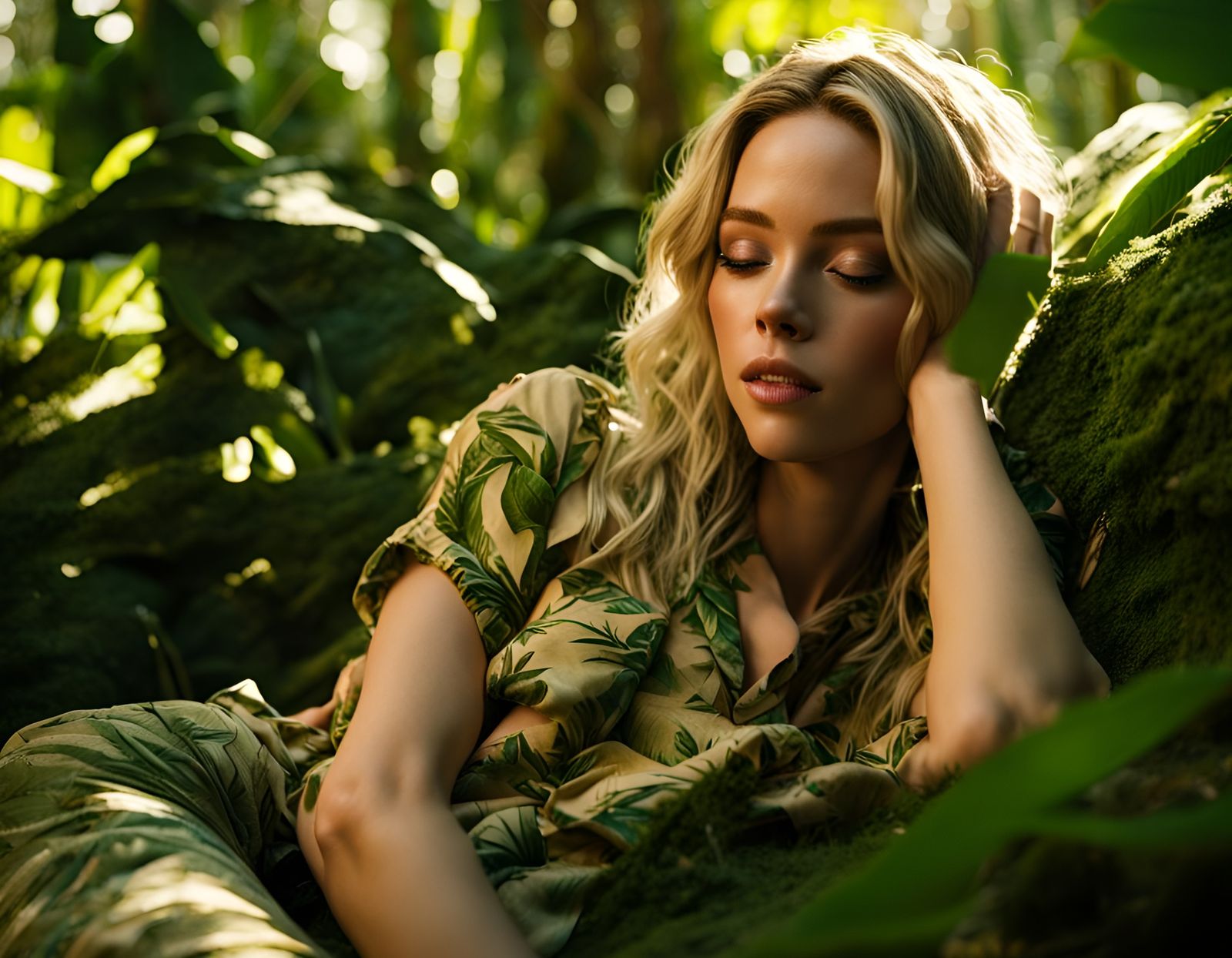 Woman Asleep in Jungle Overgrowth with Sunlight
