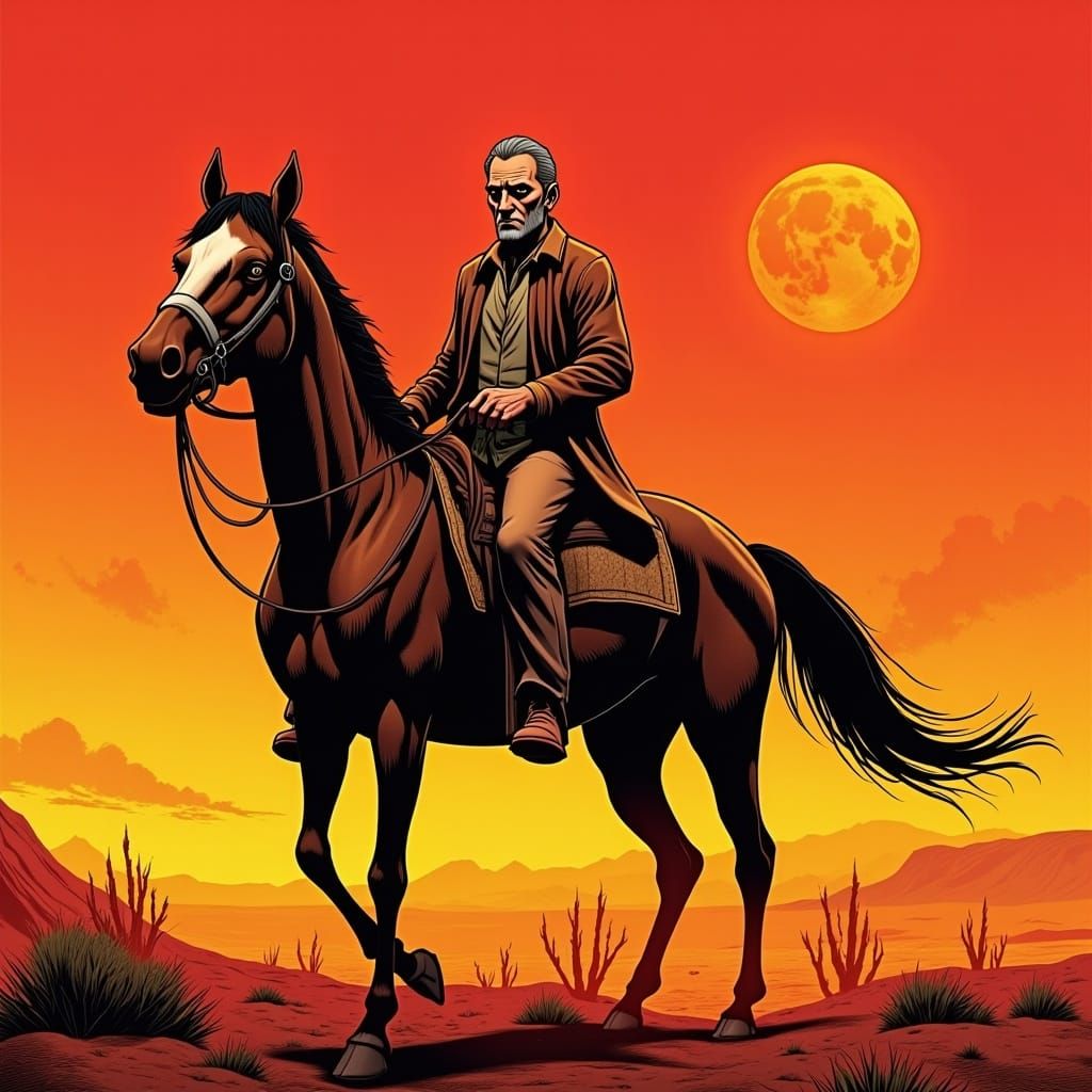 Desert Rider in Golden Light, Comic Book Style