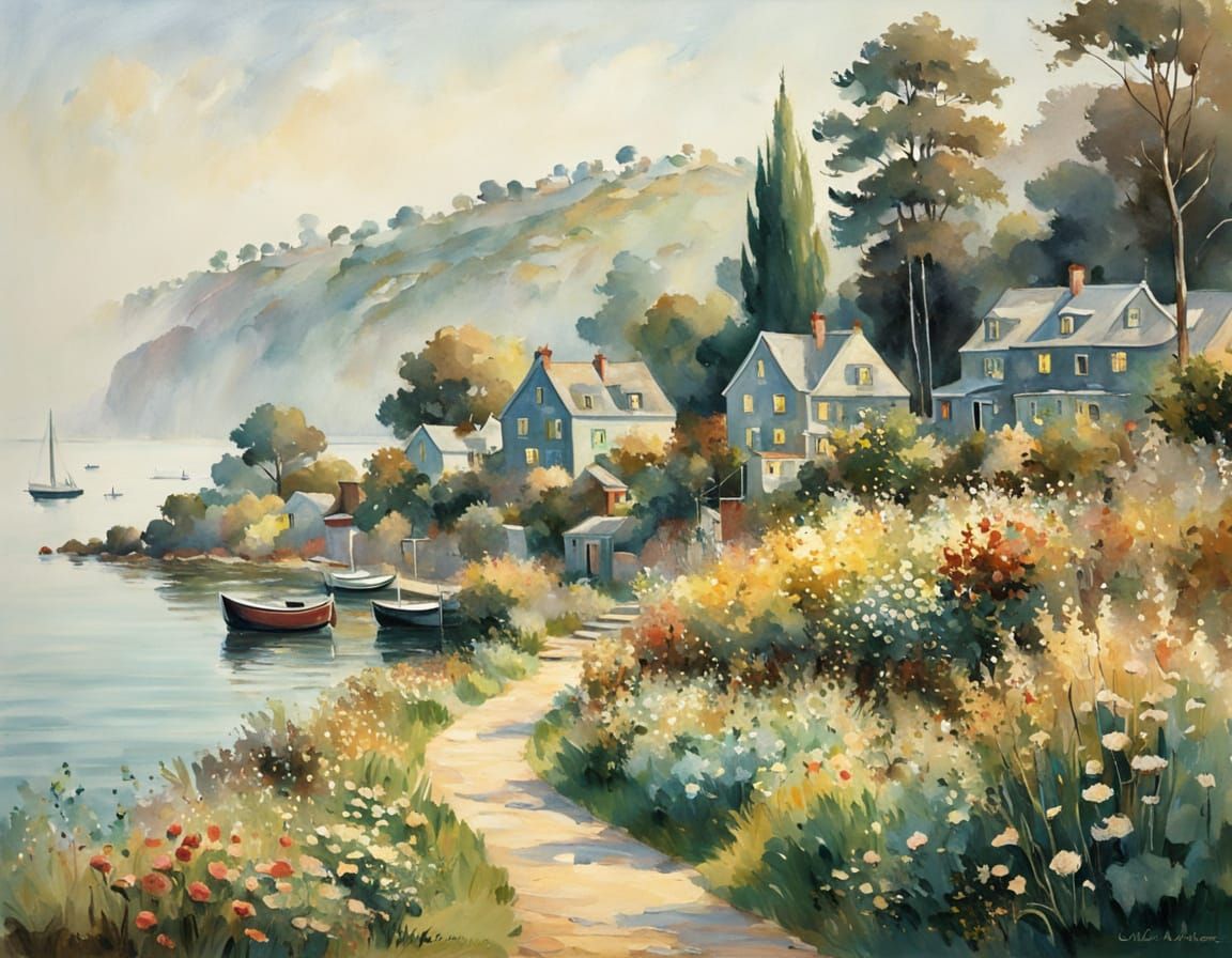 Impressionist Coastal Village Painting in Earth Tones