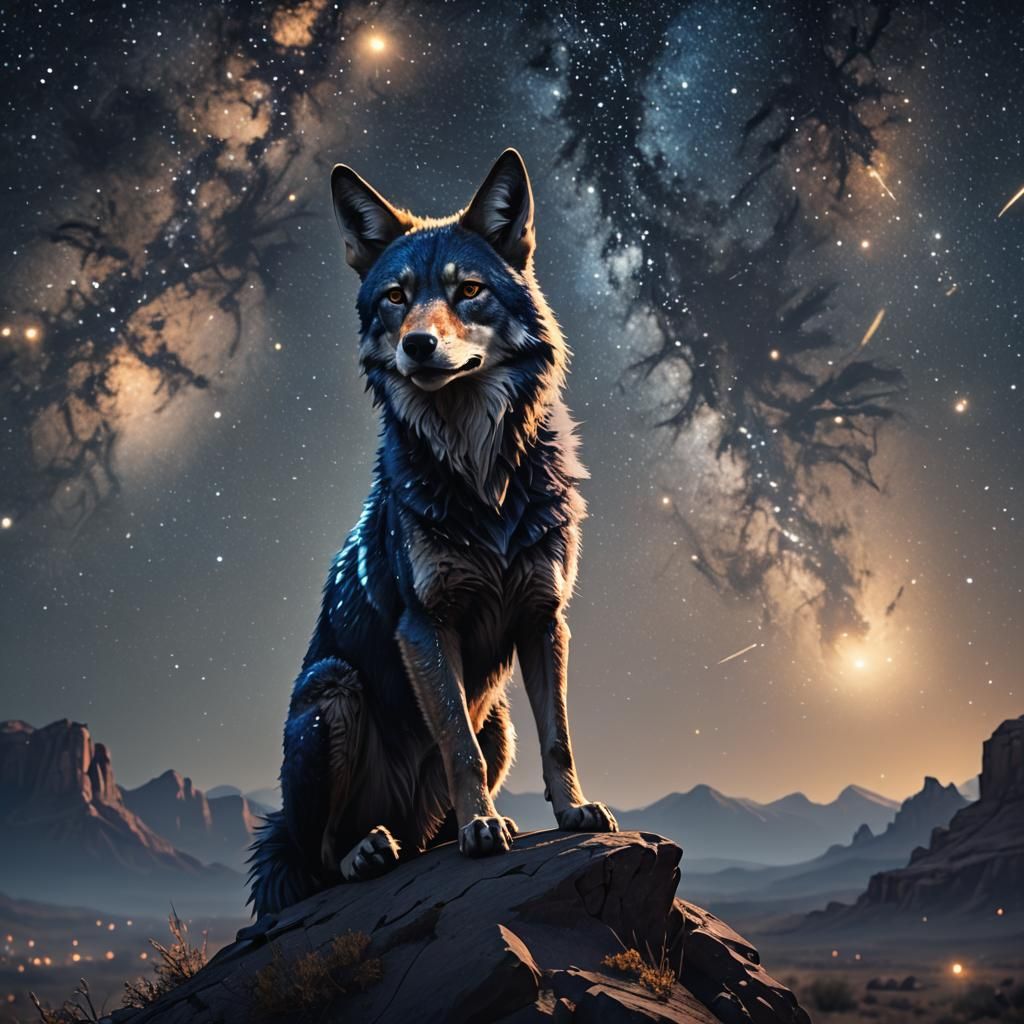 A dark blue coyote