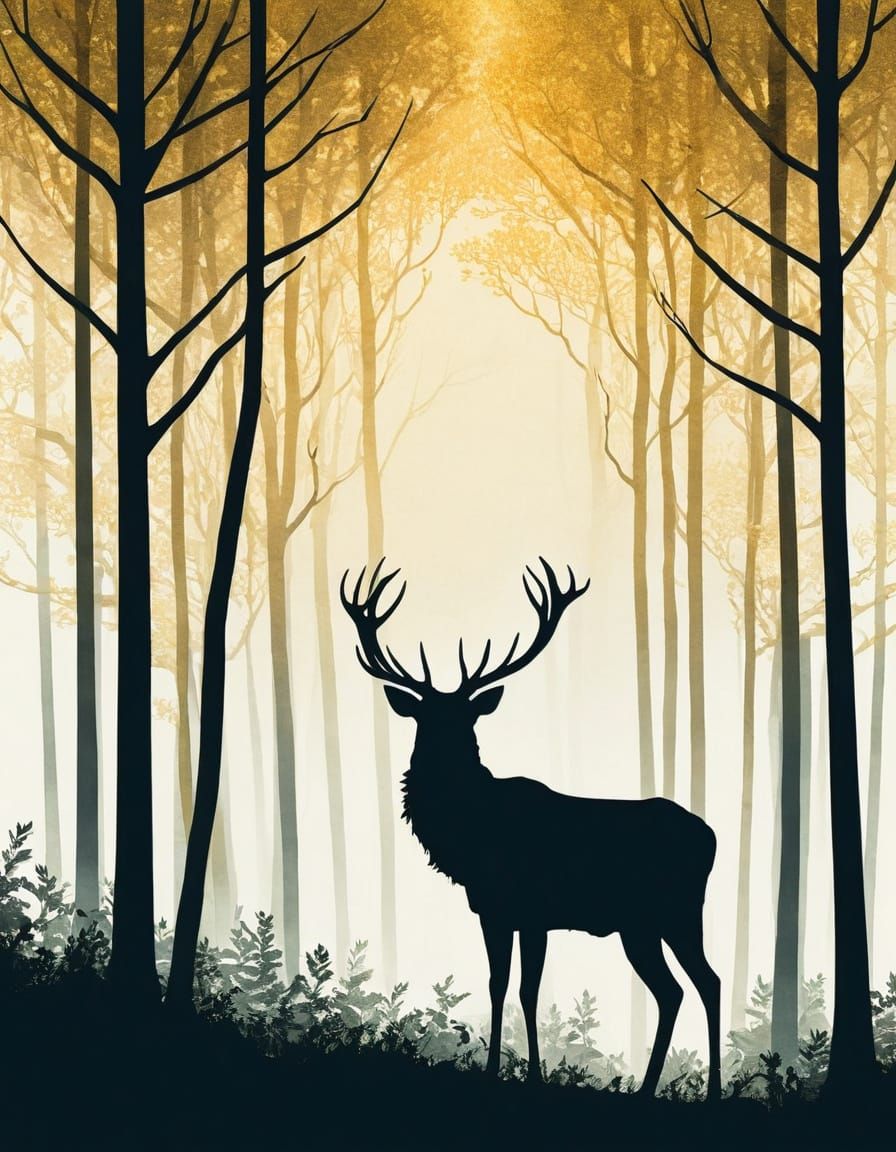 Mysterious Stag Silhouette in Forest, Minimalist Art