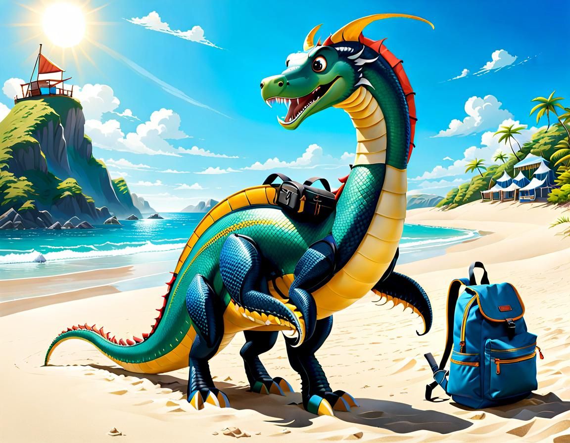Rufus – The Sea Serpent Who Couldn't Swim is standing on a sandy beach with a backpack on his back, and beach chair next...