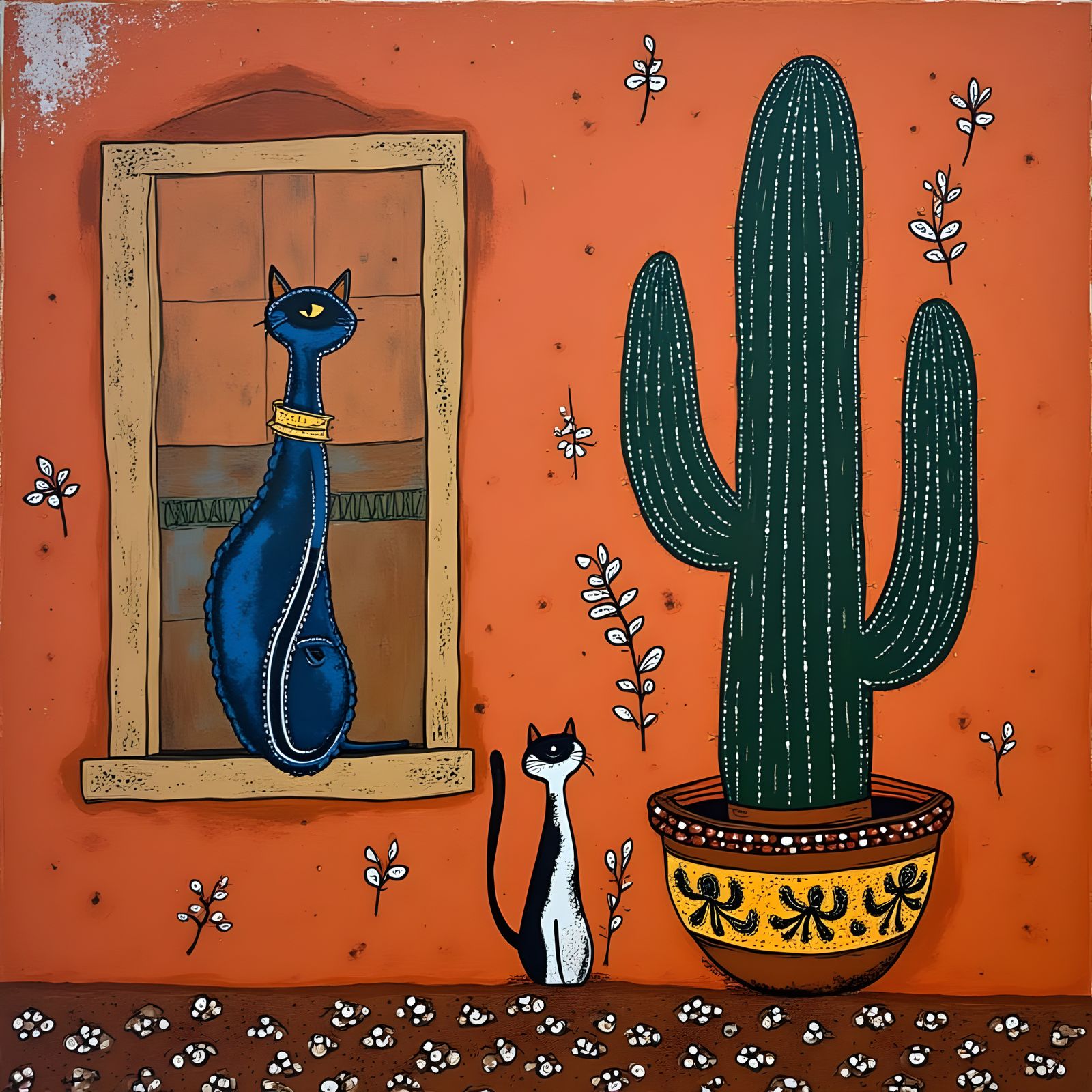 Tribal Cat and Cactus on Balcony