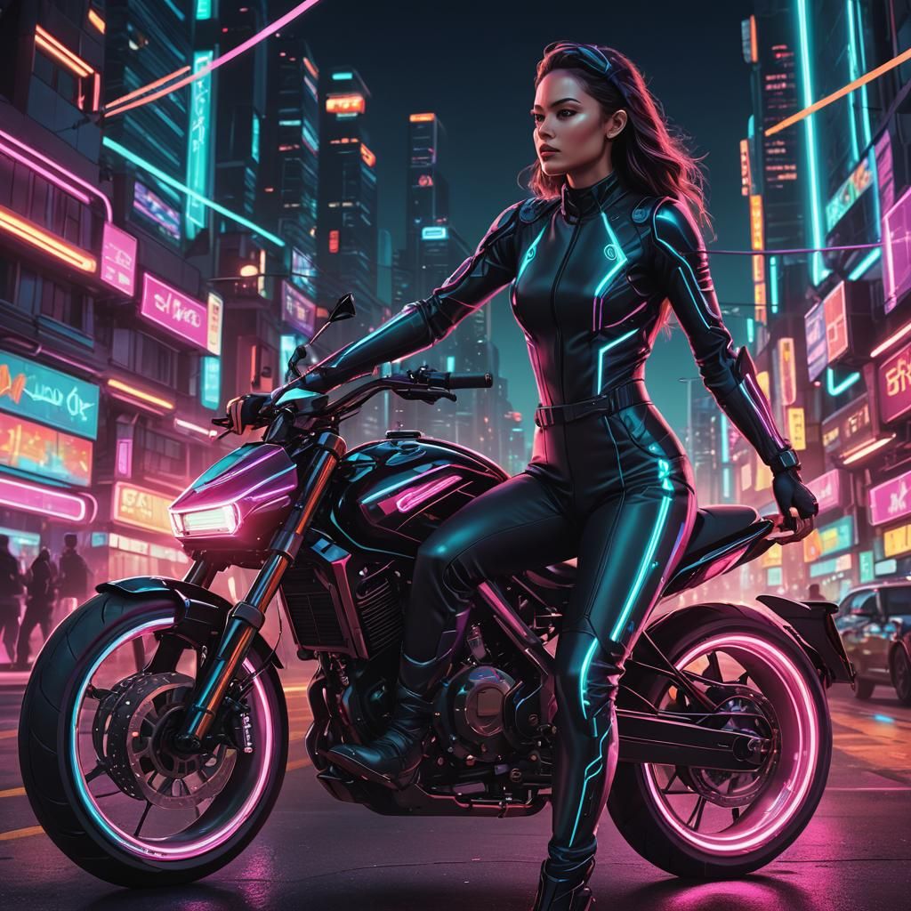 Woman Rides Neon Bike in Sci-Fi Cityscape