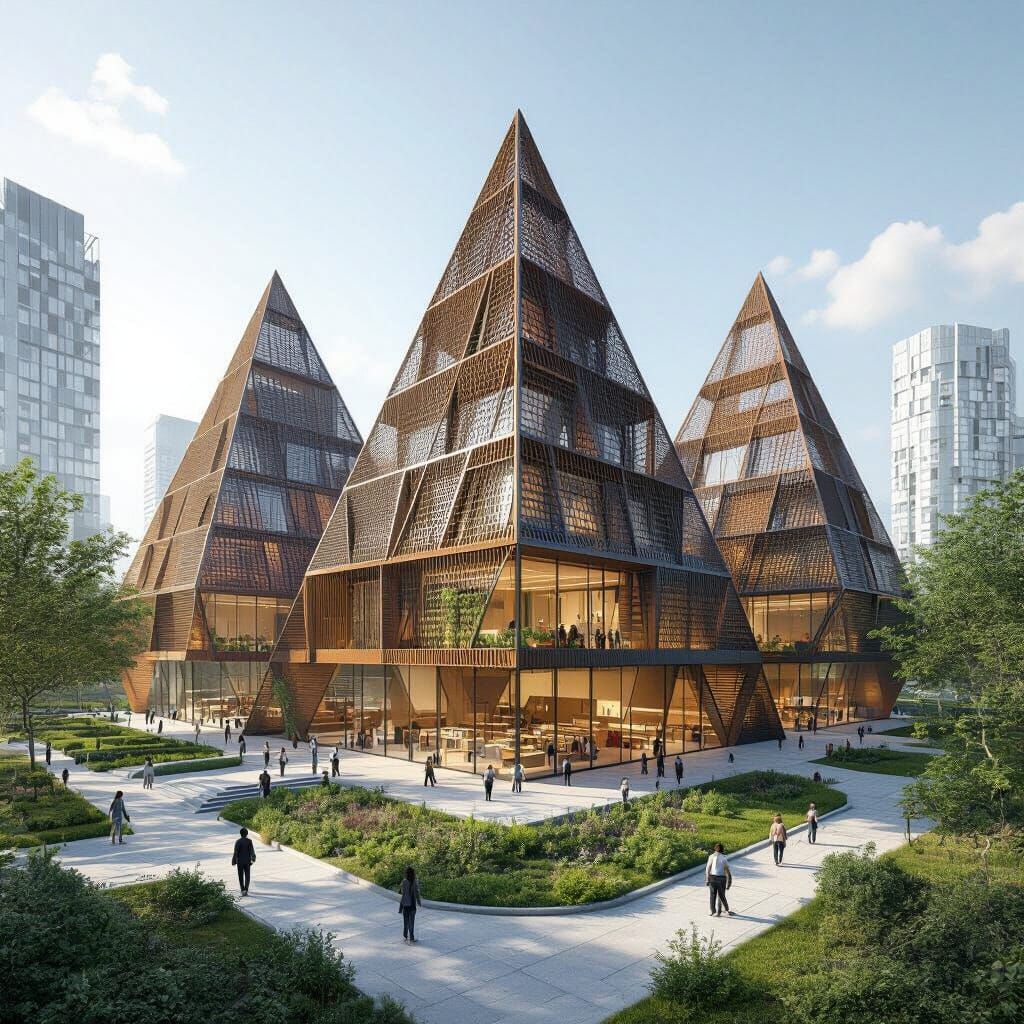 Futuristic Pyramidal School with Lush Greenery