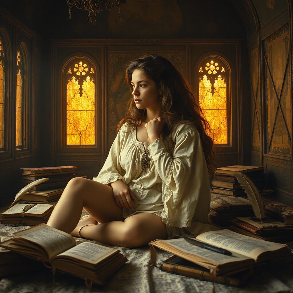 Contemplative Woman Surrounded by Ancient Knowledge