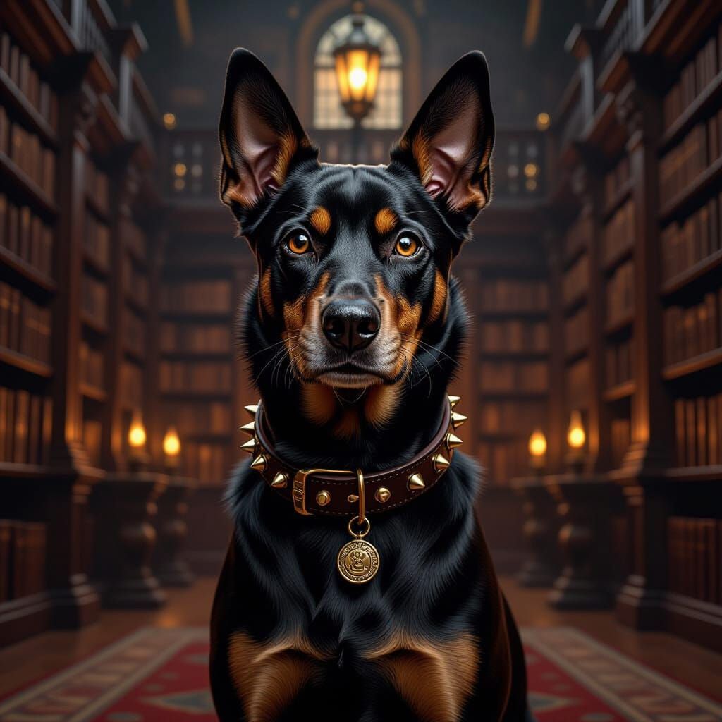 German Pinscher in Library, Rembrandt and Magritte Style