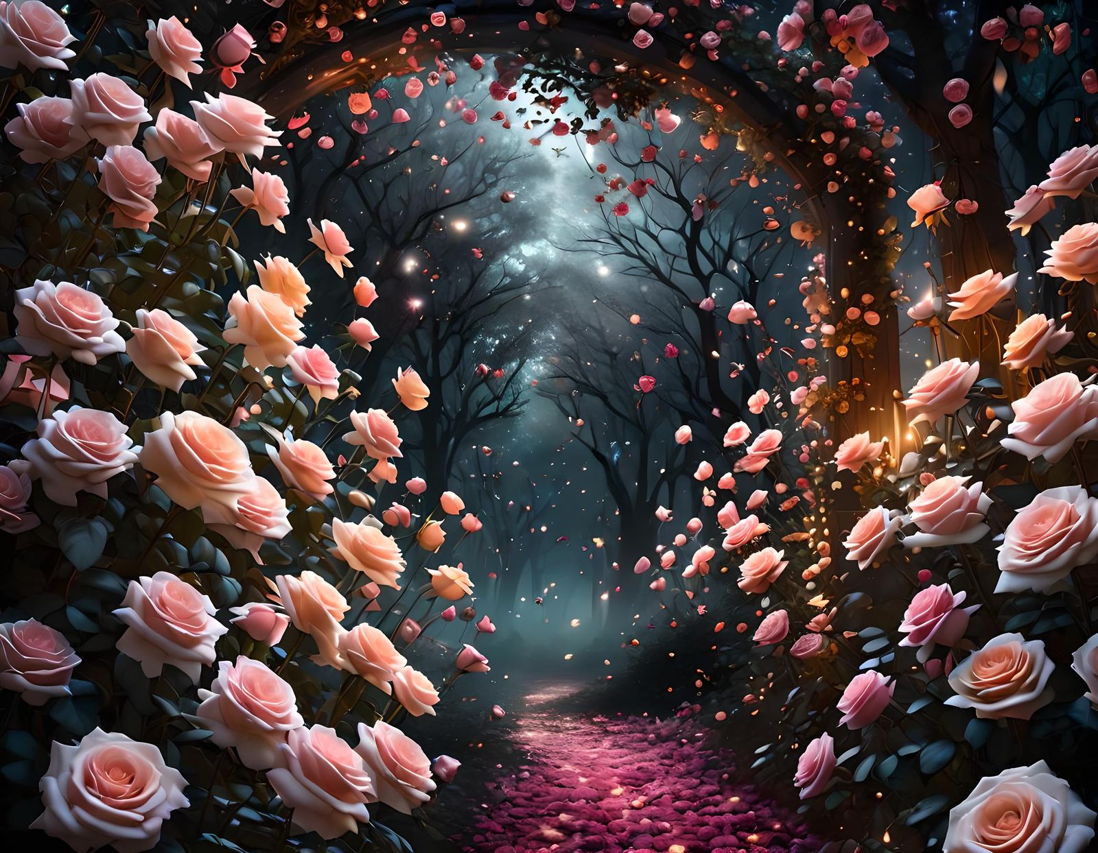 Magical Rose Gate Between Realms of Light and Dark
