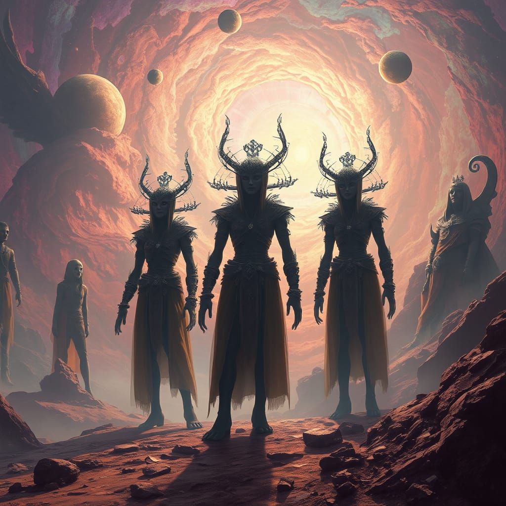 Mystical Beings in Sci-Fi Landscape as Digital Art