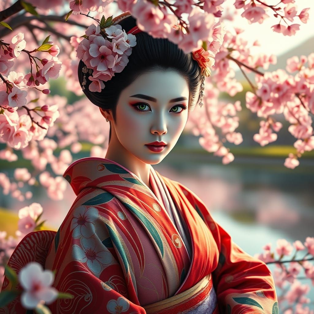 Japanese Geisha in Serene Sakura Garden