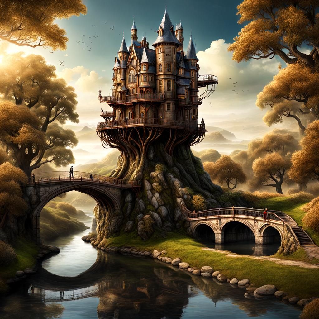 Steampunk Landscape with Weeping Willow and Castle