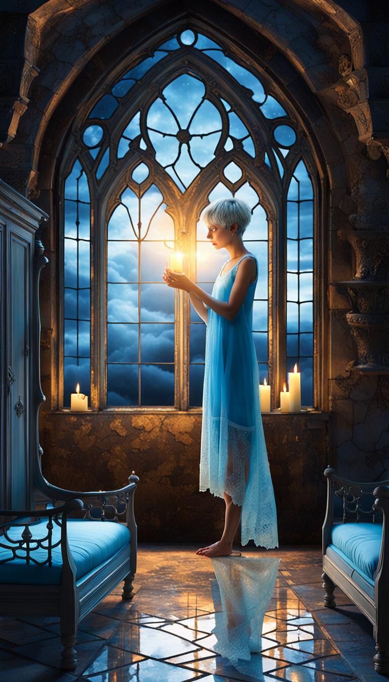 Castle Corridor: Woman in Blue Nightgown