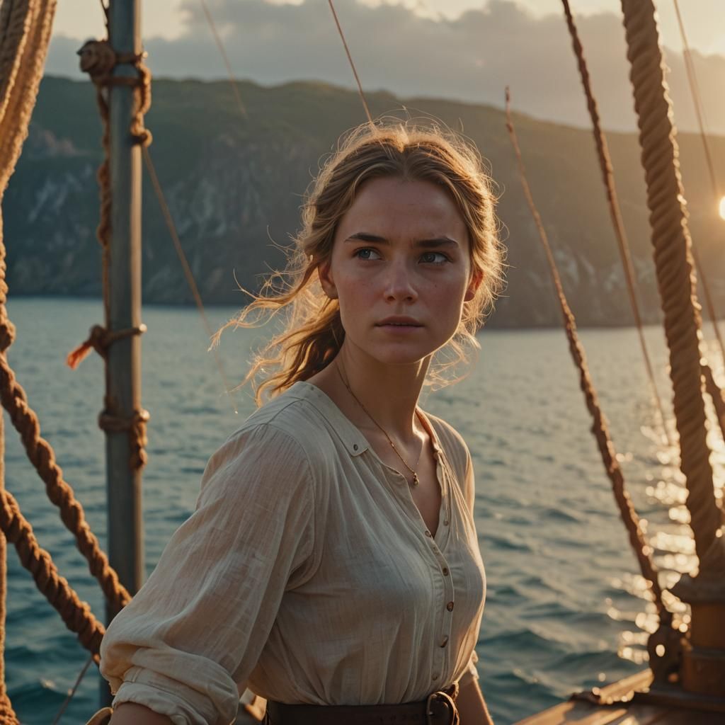 Woman Gazing at Sea in Cinematic Film Still