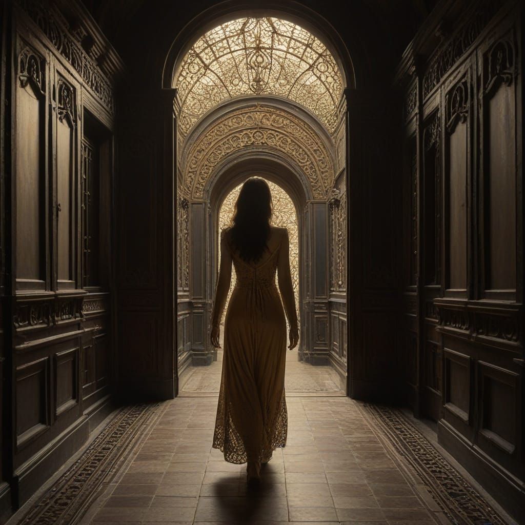 Regal Woman in Gothic Art Nouveau Alleyway