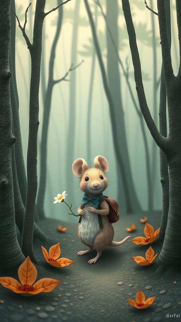 Mouse in Forest, Whimsical Illustration