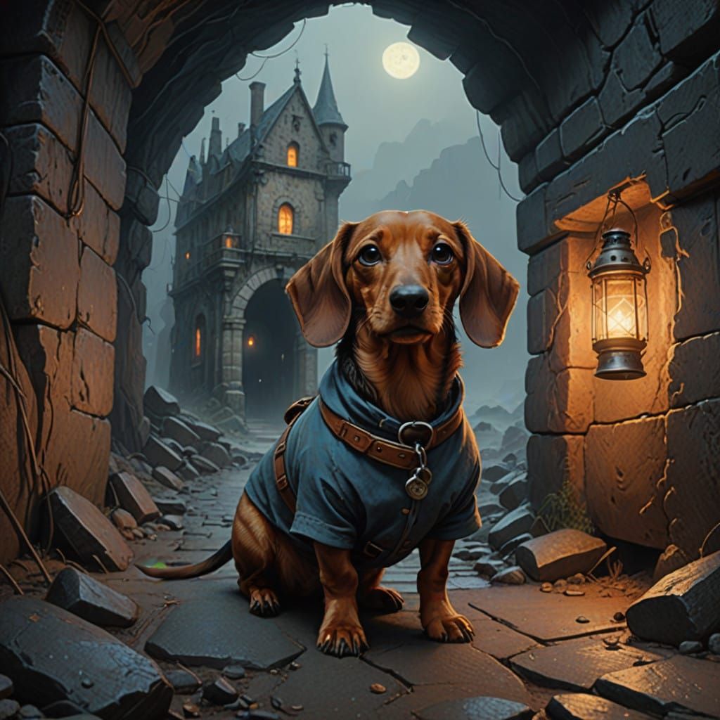 Surreal Adventure of a Dachshund and White Mouse in a Mediev...