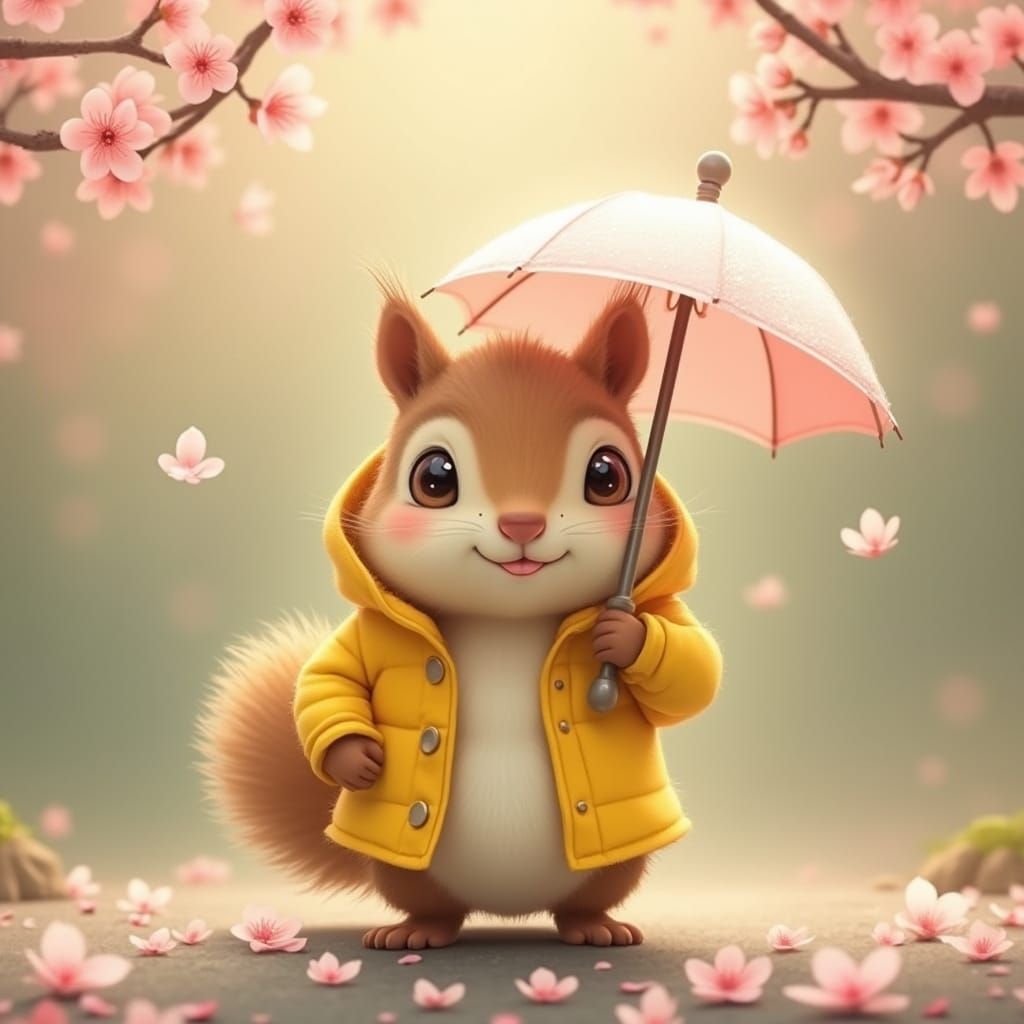 Squirrel in Raincoat Under Cherry Blossoms, Photorealistic S...