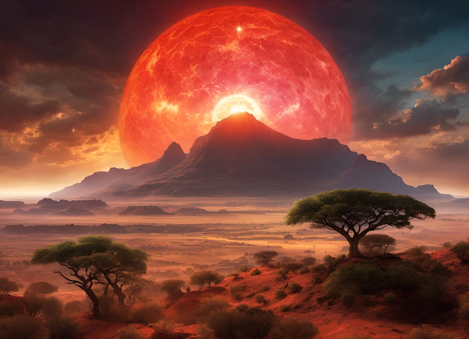 Cosmic Red Giant Sun over African Plains