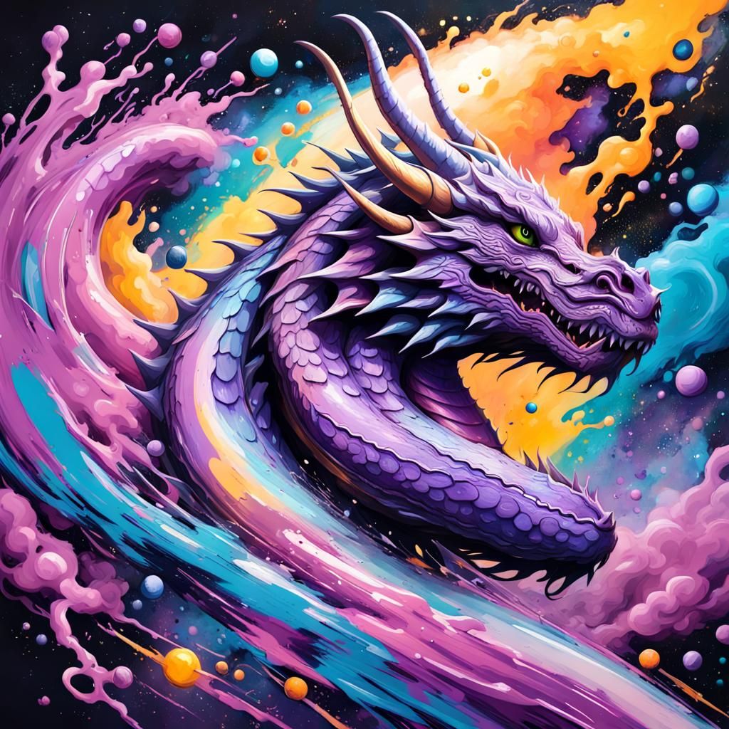 Majestic Purple Dragon in Space Graffiti Art
