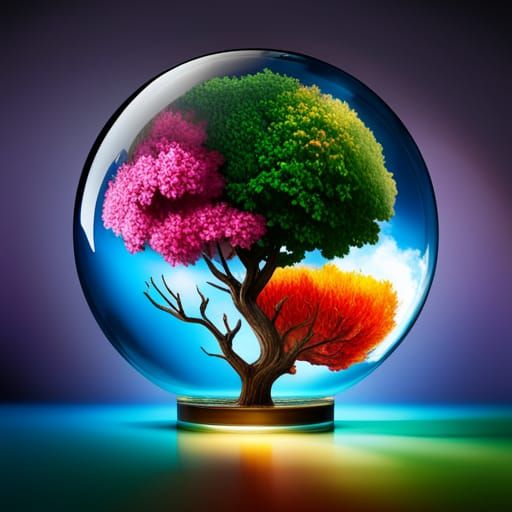 Four Seasons Tree in Glass Globe, Hyperrealistic Art