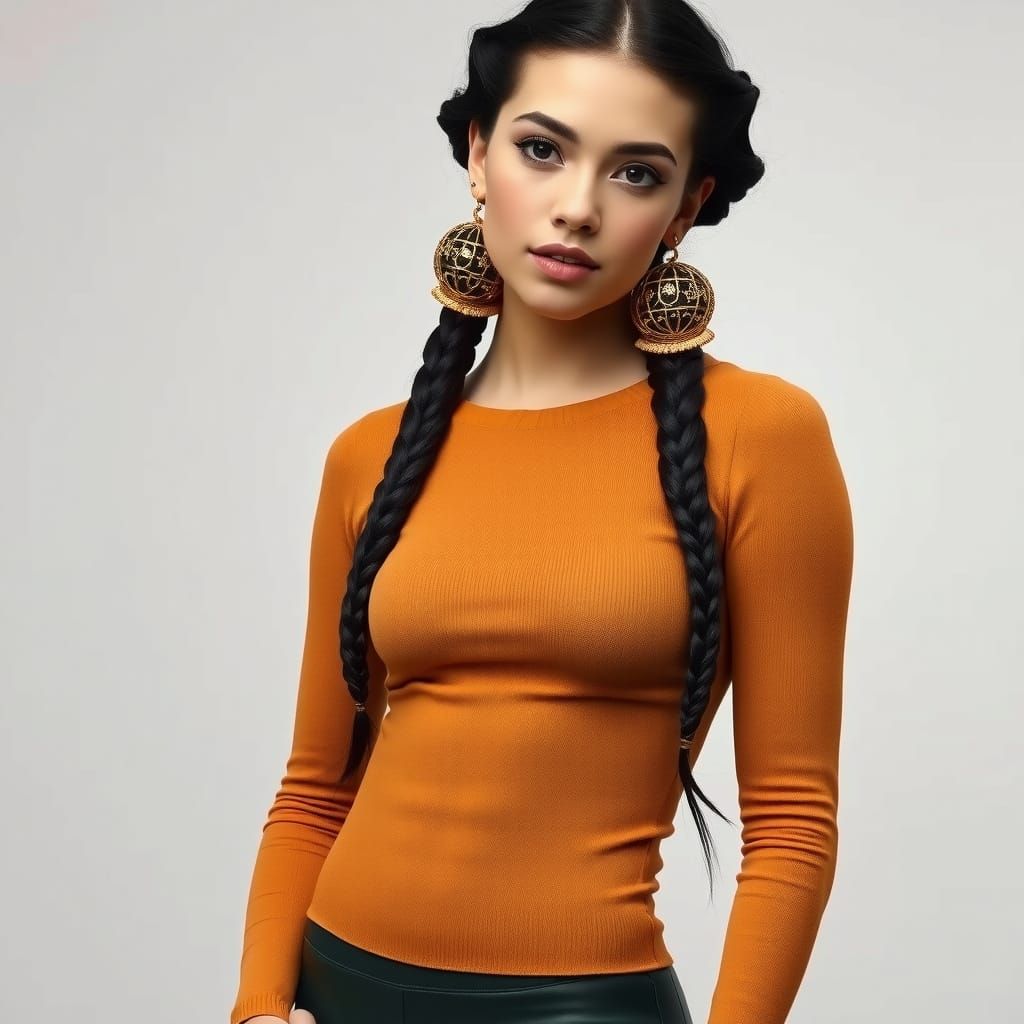 Elegant Woman in Curry-Colored Attire with Intricate Gold Ea...