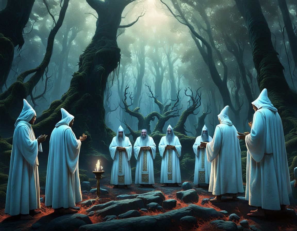 Duruid priests dressed in white robes doing ritual in the fo...