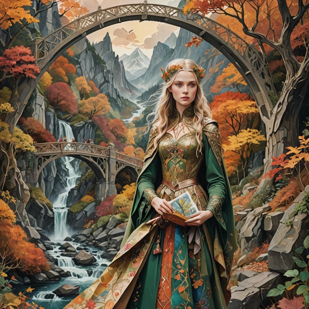 Elvish Warrior in Fall Paper Collage Art