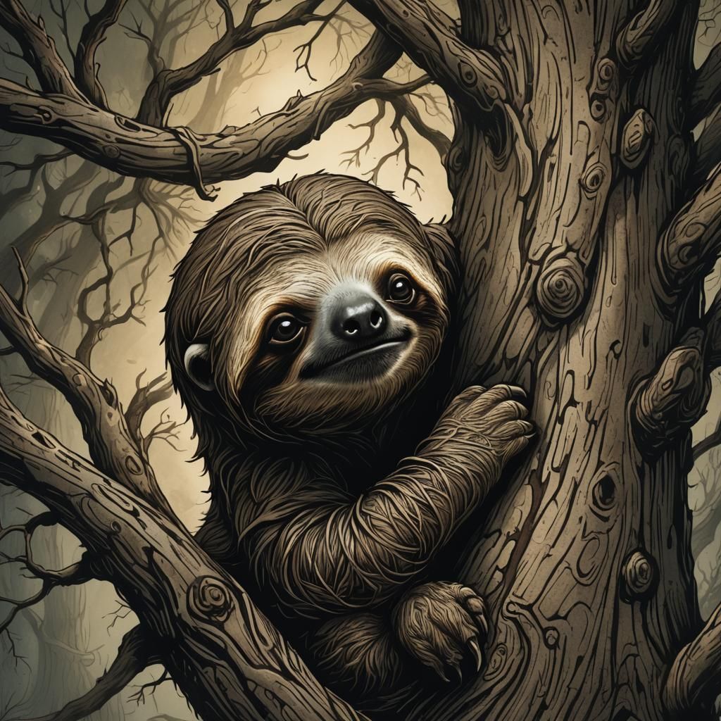 Miniature Sloth in Dark Fantasy Illustration