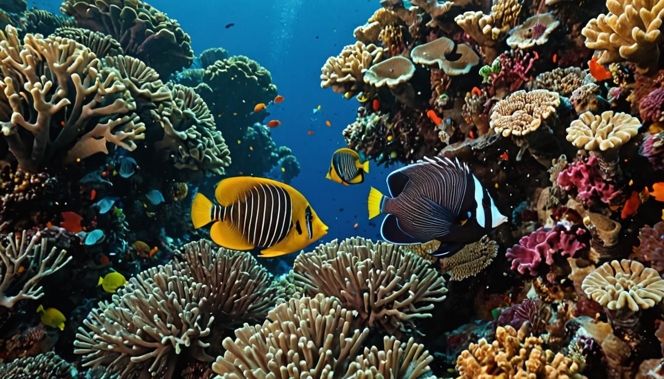 Angelfish and Lionfish Over Red Sea Coral Reef