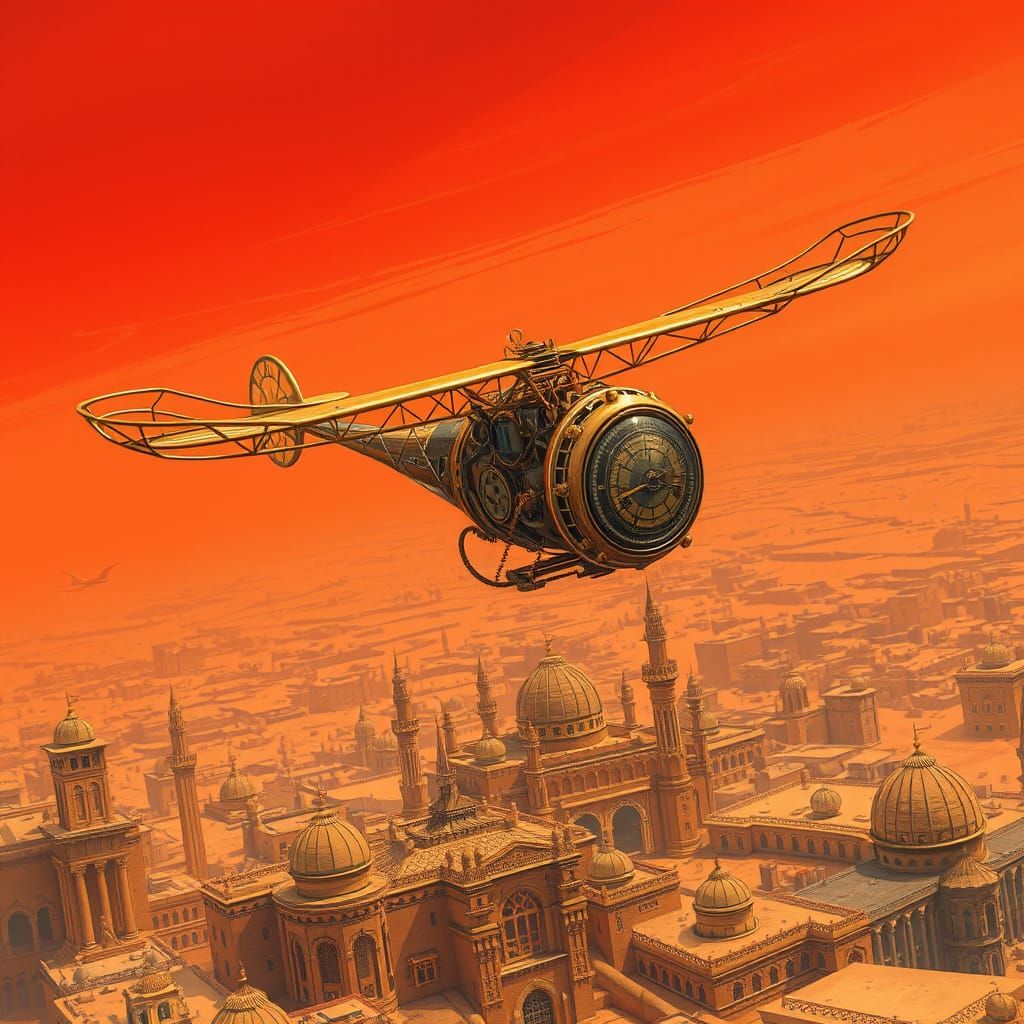 Steampunk Ornithopter Soaring Over Desert City