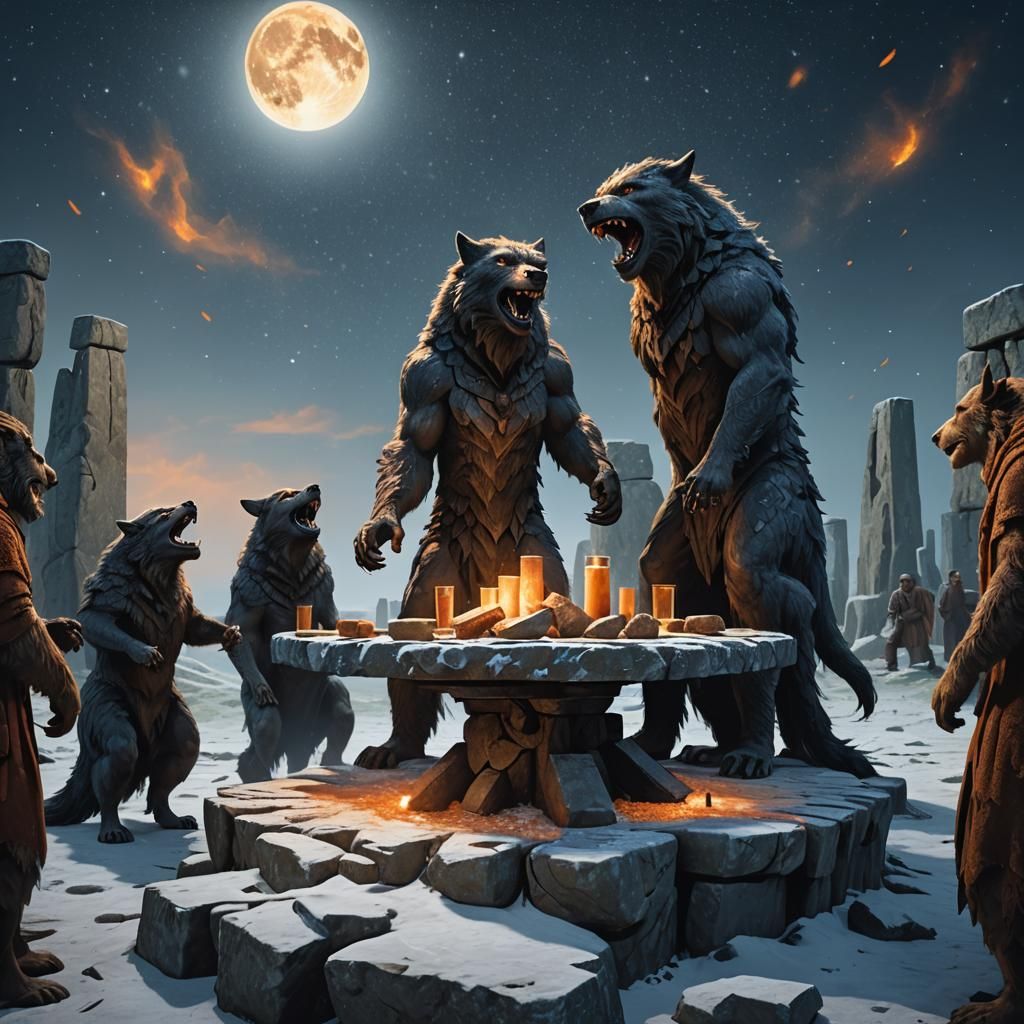 Werewolves Dance Under Snowy Moon, Digital Art