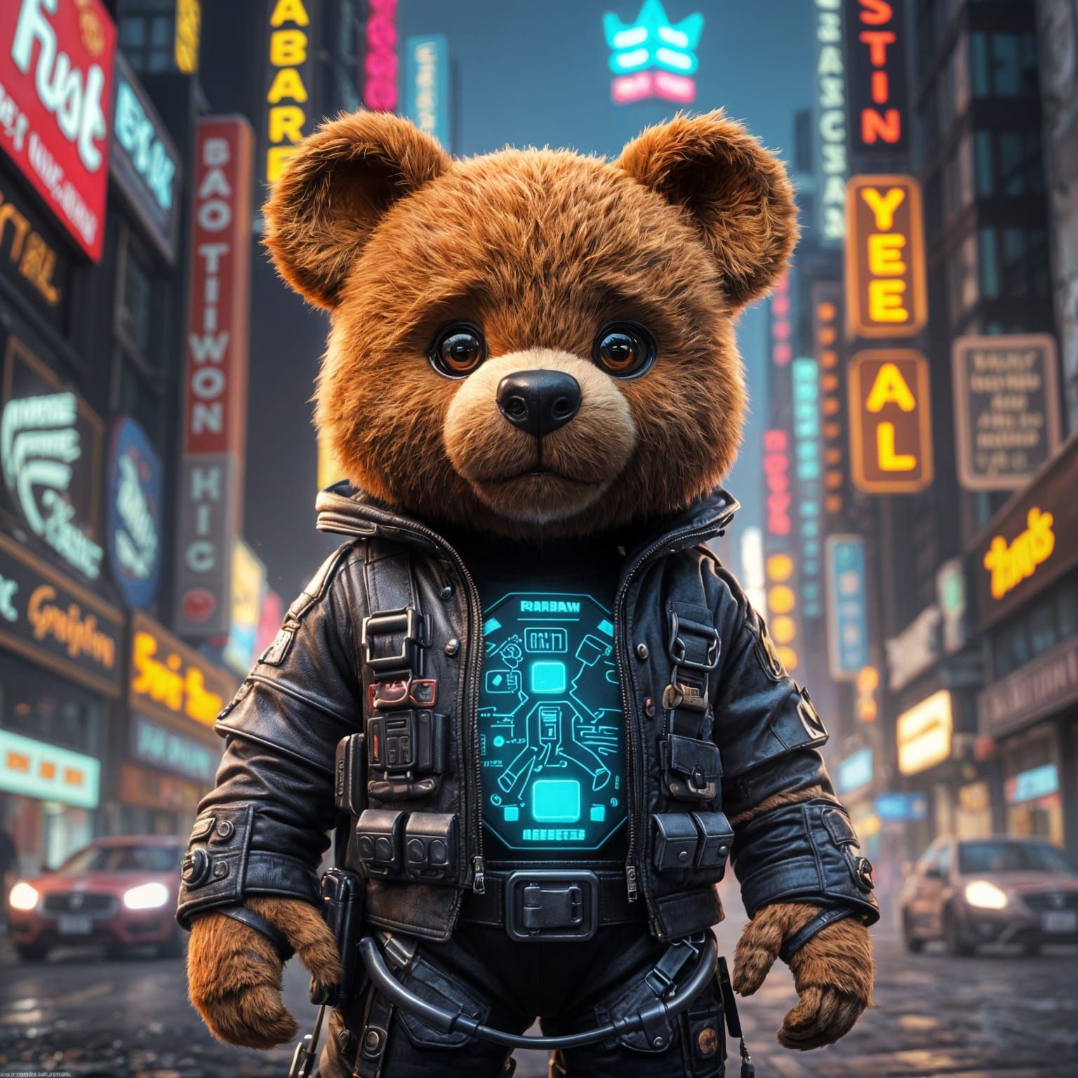 Cyberpunk Warrior Teddy Bear in Neon Light