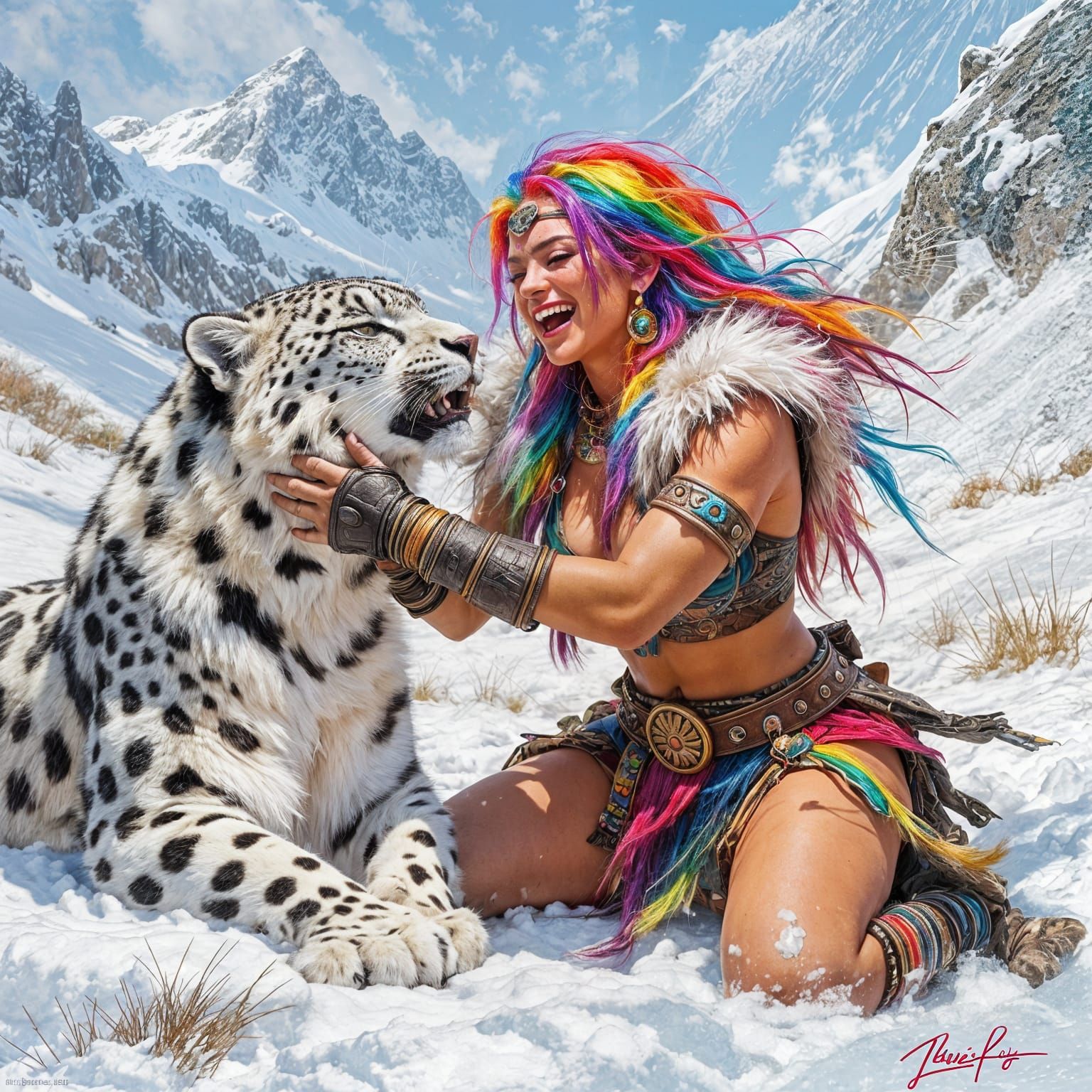 Rainbow Warrior Woman Play Wrestling Snow Leopard